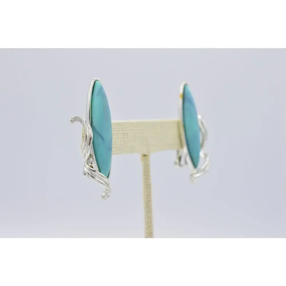 Tara Vintage Clip On Earrings Faux Turquoise Cabochon Chunky Signed 1980s BinAB